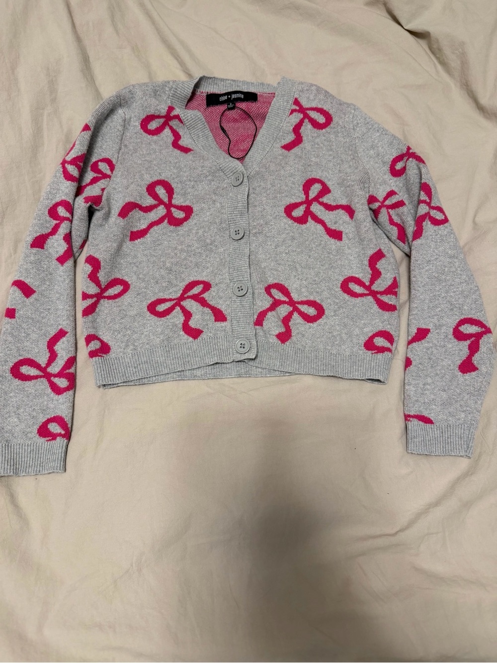 Grey Cardigan with Pink Bow Pattern by Boden